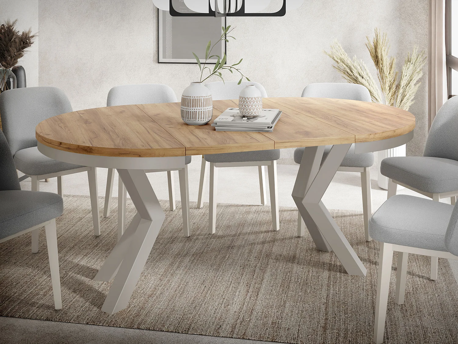 Runder Ausziehbarer Esstisch im Loft-Stil - Industrieller Tisch mit Grau-Beige Metallbeinen - Platzsparender Tisch für Wohnzimmer - Craft Eiche - 100 bis 180 cm