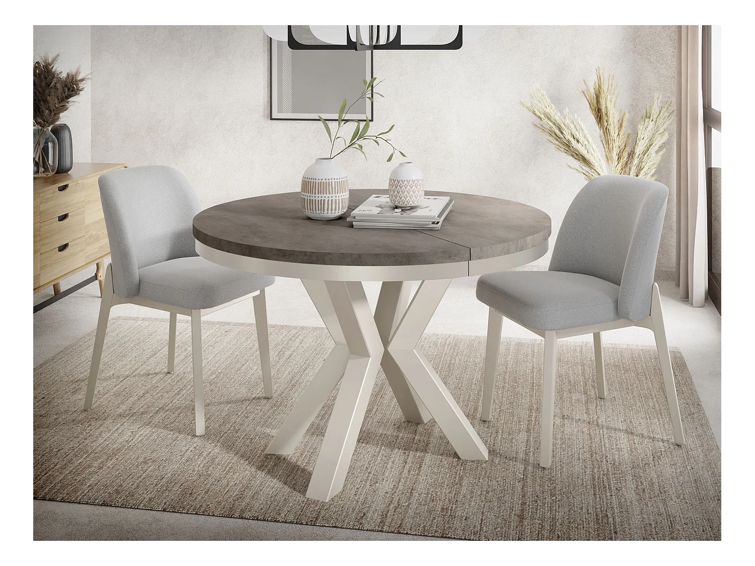 Table à Manger Ronde Extensible Style Loft - Table avec Pieds Métalliques Beige Cashmere - Table Gain de Place pour Salon - Béton Chicago Gris Foncé - 100 à 180 cm