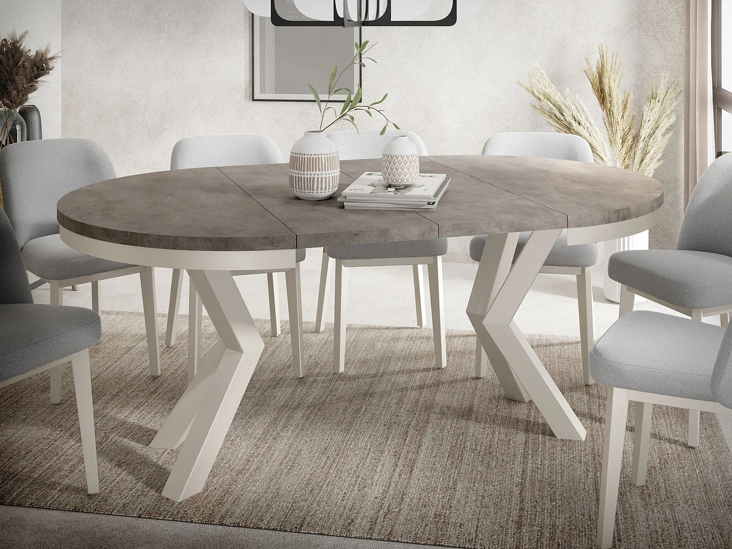 Table à Manger Ronde Extensible Style Loft - Table avec Pieds Métalliques Beige Cashmere - Table Gain de Place pour Salon - Béton Chicago Gris Foncé - 100 à 180 cm