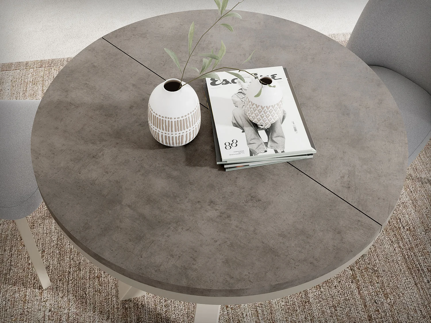 Table à Manger Ronde Extensible Style Loft - Table avec Pieds Métalliques Beige Cashmere - Table Gain de Place pour Salon - Béton Chicago Gris Foncé - 100 à 180 cm