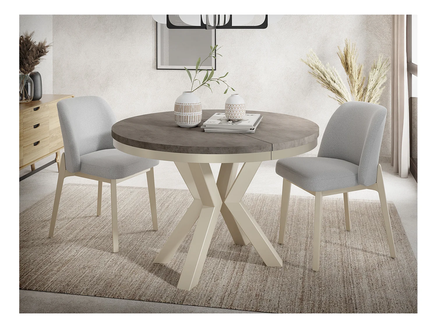 Runder Ausziehbarer Esstisch im Loft-Stil - Tisch mit Beige Cashmere Metallbeinen - Platzsparender Tisch für Wohnzimmer - Dark Grey Chicago Concrete 100 bis 180 cm
