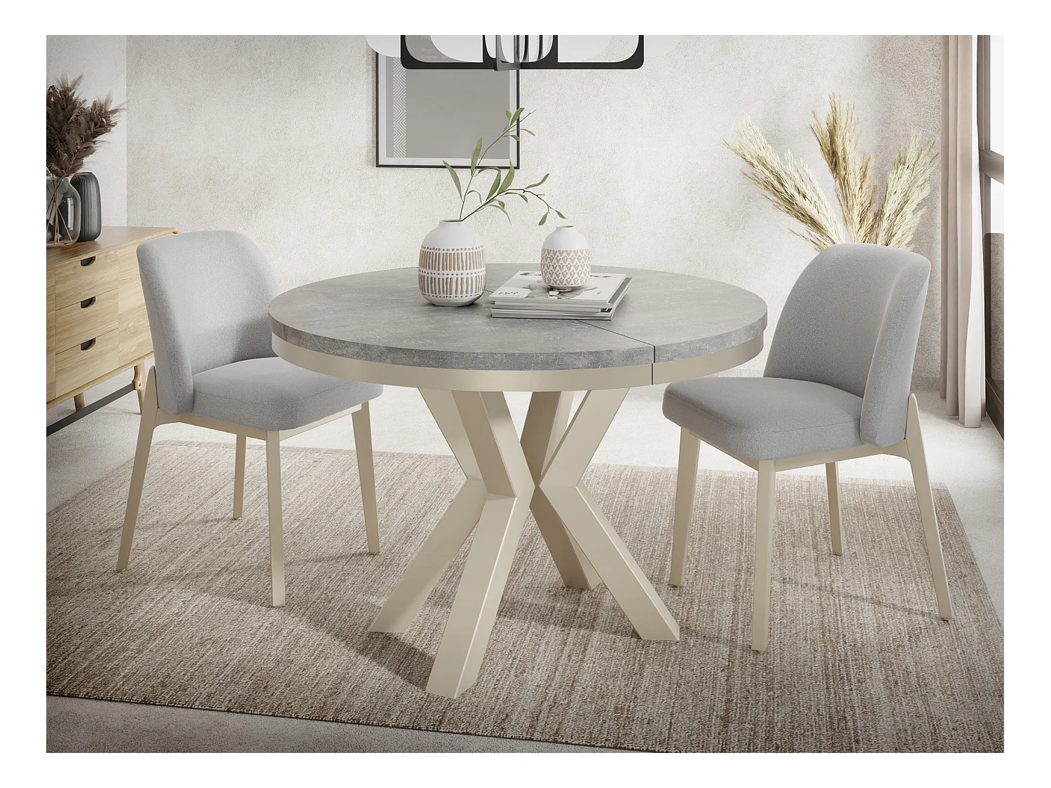 Runder Ausziehbarer Esstisch im Loft-Stil - Industrieller Tisch mit Beige Cashmere Metallbeinen - Platzsparender Tisch für Wohnzimmer - Grauer Beton 100 bis 180 cm