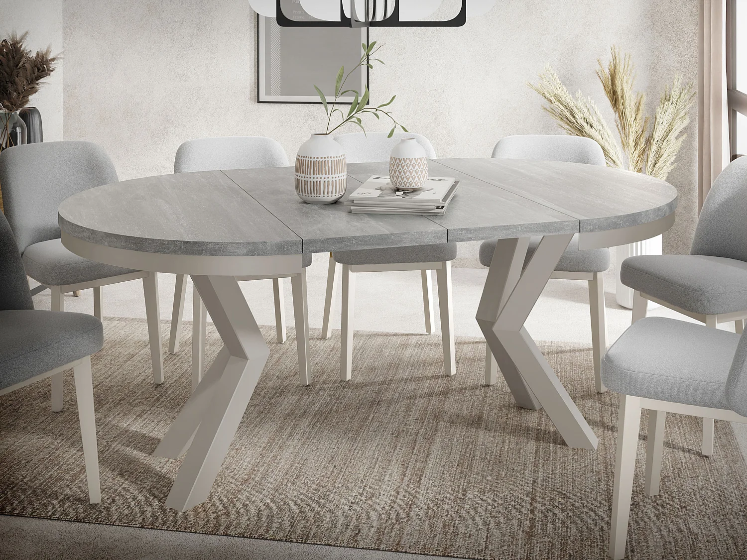 Runder Ausziehbarer Esstisch im Loft-Stil - Industrieller Tisch mit Grau-Beige Metallbeinen - Platzsparender Tisch für Wohnzimmer - Grauer Beton 100 bis 180 cm