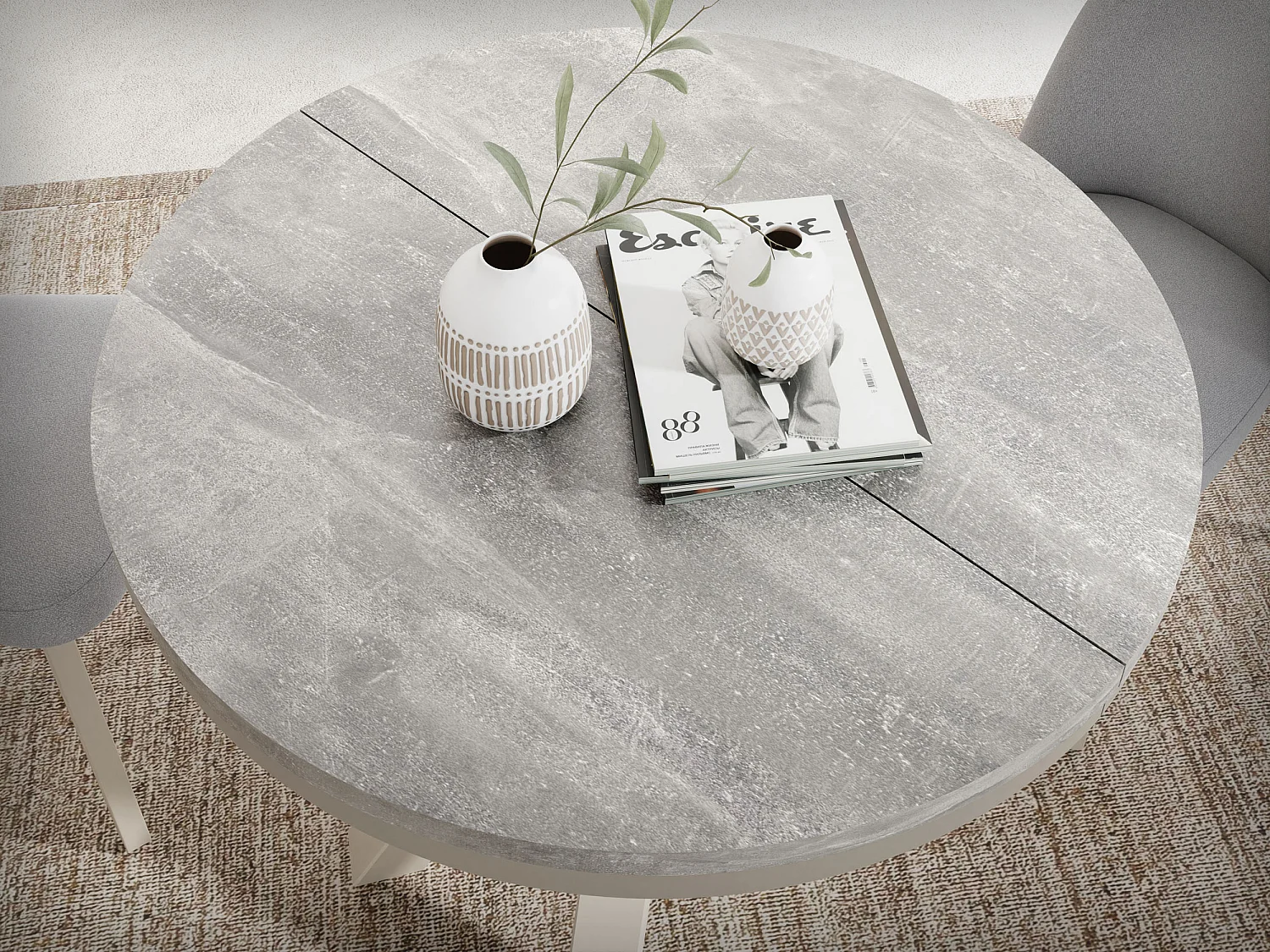 Runder Ausziehbarer Esstisch im Loft-Stil - Industrieller Tisch mit Grau-Beige Metallbeinen - Platzsparender Tisch für Wohnzimmer - Grauer Beton 100 bis 180 cm