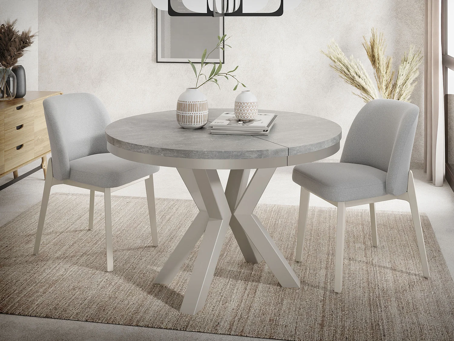 Runder Ausziehbarer Esstisch im Loft-Stil - Industrieller Tisch mit Grau-Beige Metallbeinen - Platzsparender Tisch für Wohnzimmer - Grauer Beton 100 bis 180 cm