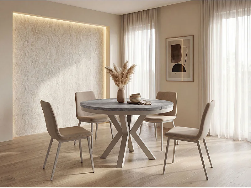 Runder Ausziehbarer Esstisch im Loft-Stil - Industrieller Tisch mit Grau-Beige Metallbeinen - Platzsparender Tisch für Wohnzimmer - Grauer Beton 100 bis 180 cm