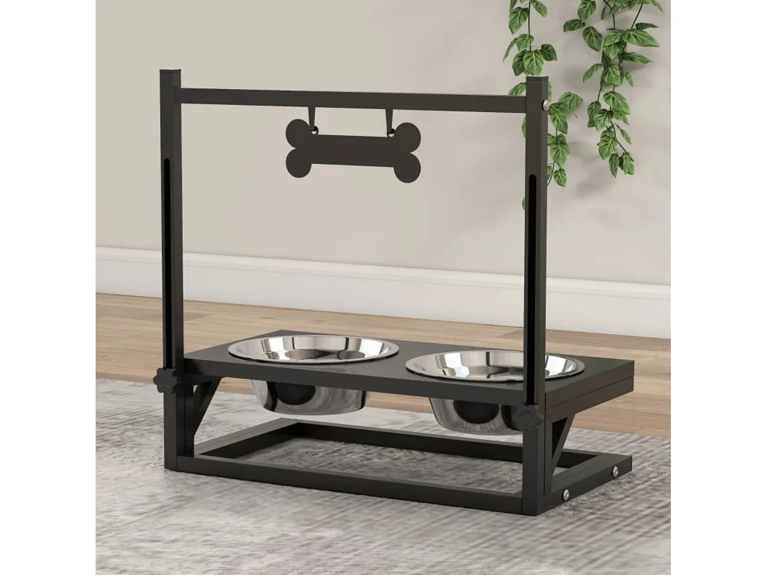 Futterstation Erhöhte Futternäpfe Fressnäpfe, Futternäpfe aus Edelstahl, 40,5 x 22 x 39 cm, Schwarz + Silber