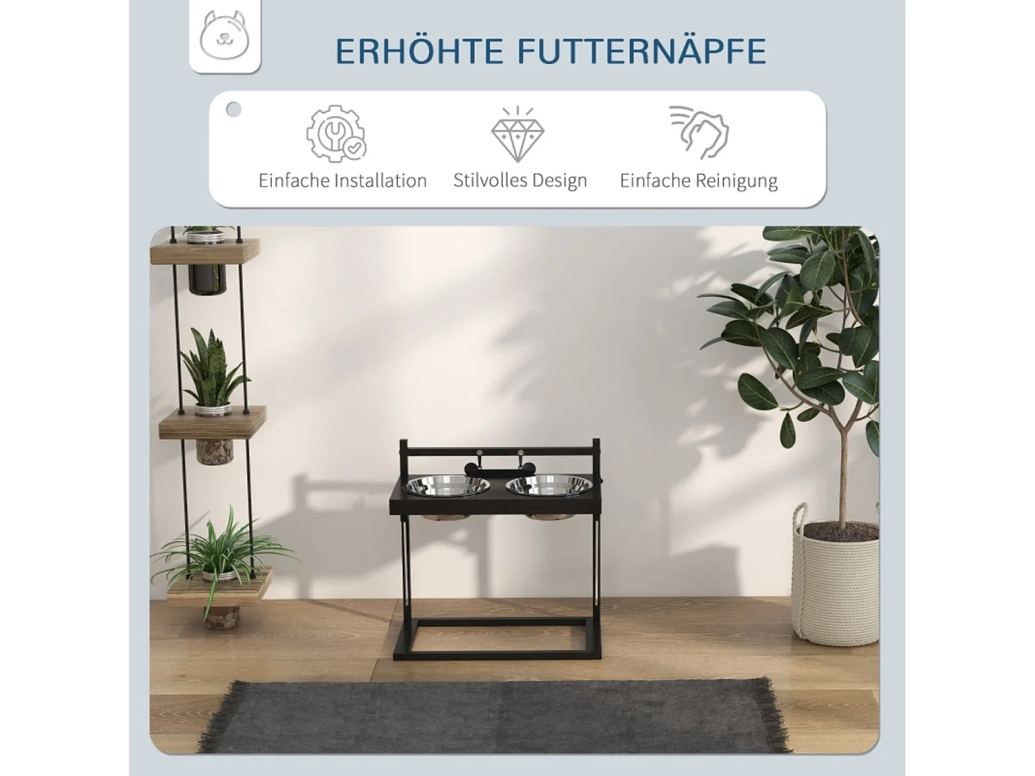 Futterstation Erhöhte Futternäpfe Fressnäpfe, Futternäpfe aus Edelstahl, 40,5 x 22 x 39 cm, Schwarz + Silber