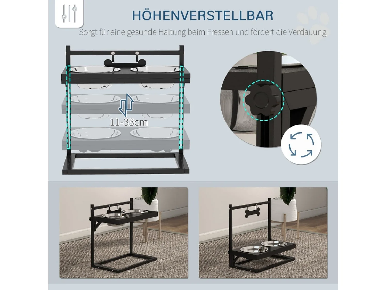 Futterstation Erhöhte Futternäpfe Fressnäpfe, Futternäpfe aus Edelstahl, 40,5 x 22 x 39 cm, Schwarz + Silber
