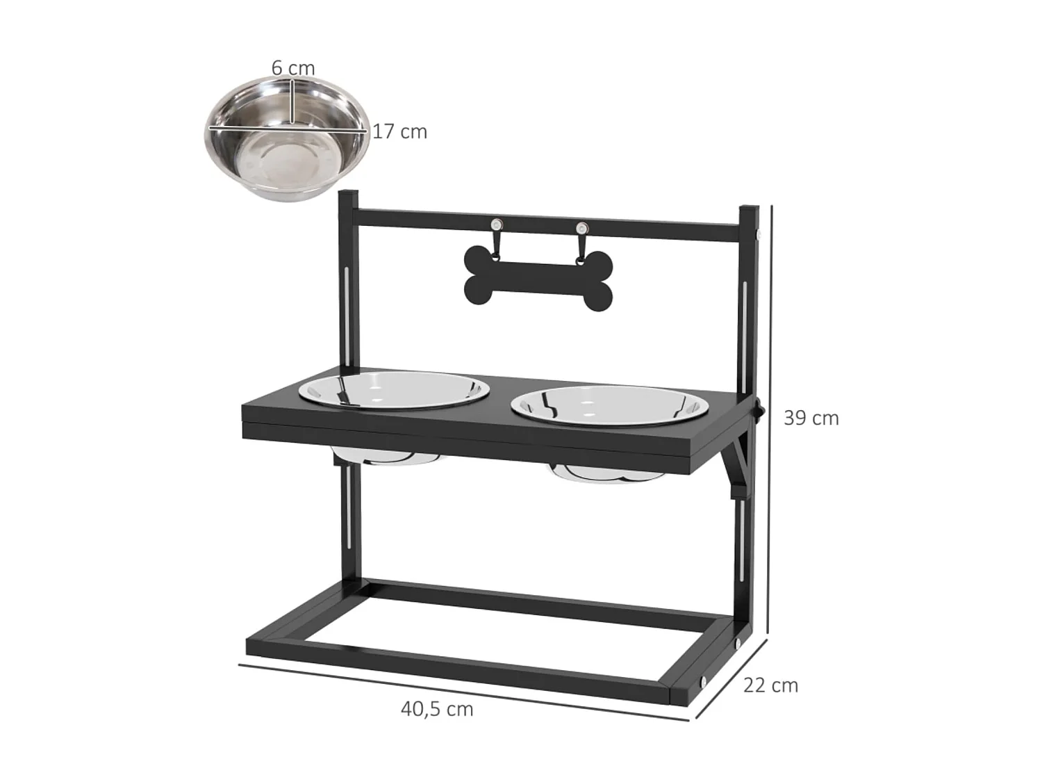 Futterstation Erhöhte Futternäpfe Fressnäpfe, Futternäpfe aus Edelstahl, 40,5 x 22 x 39 cm, Schwarz + Silber