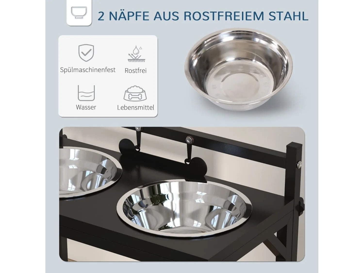 Futterstation Erhöhte Futternäpfe Fressnäpfe, Futternäpfe aus Edelstahl, 40,5 x 22 x 39 cm, Schwarz + Silber