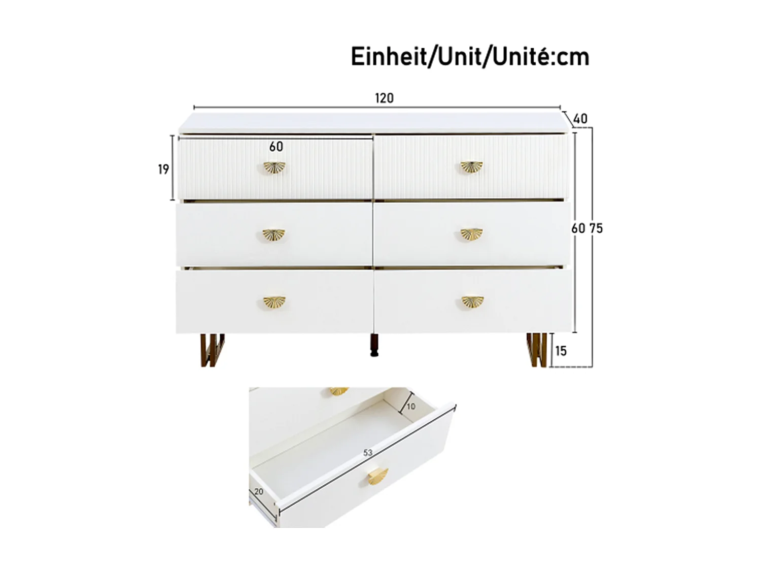 Sideboard mit 6 Schubladen in Elegantes Design,Kommode für Schlafzimmer, Wohnzimmer,120x40x75 cm