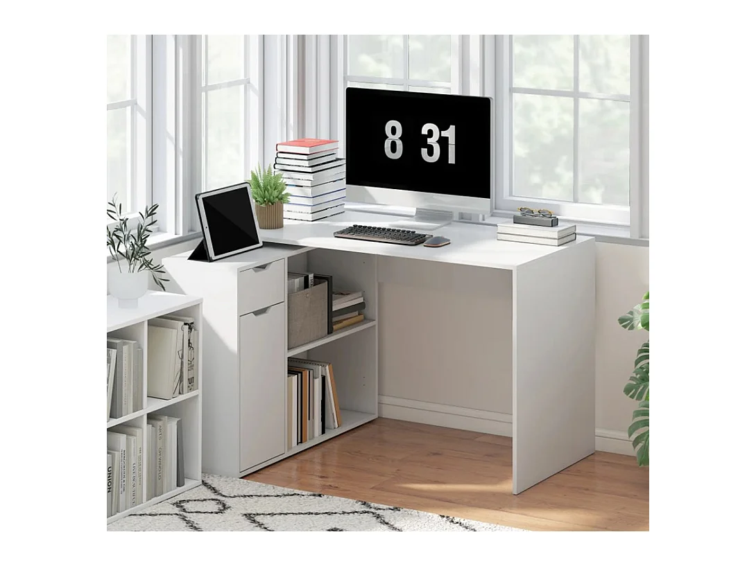 Flexibler Schreibtisch, Computertisch 2-stufiger Schrank, Schublade, Bürotisch offene Fächer, Holz, Weiß