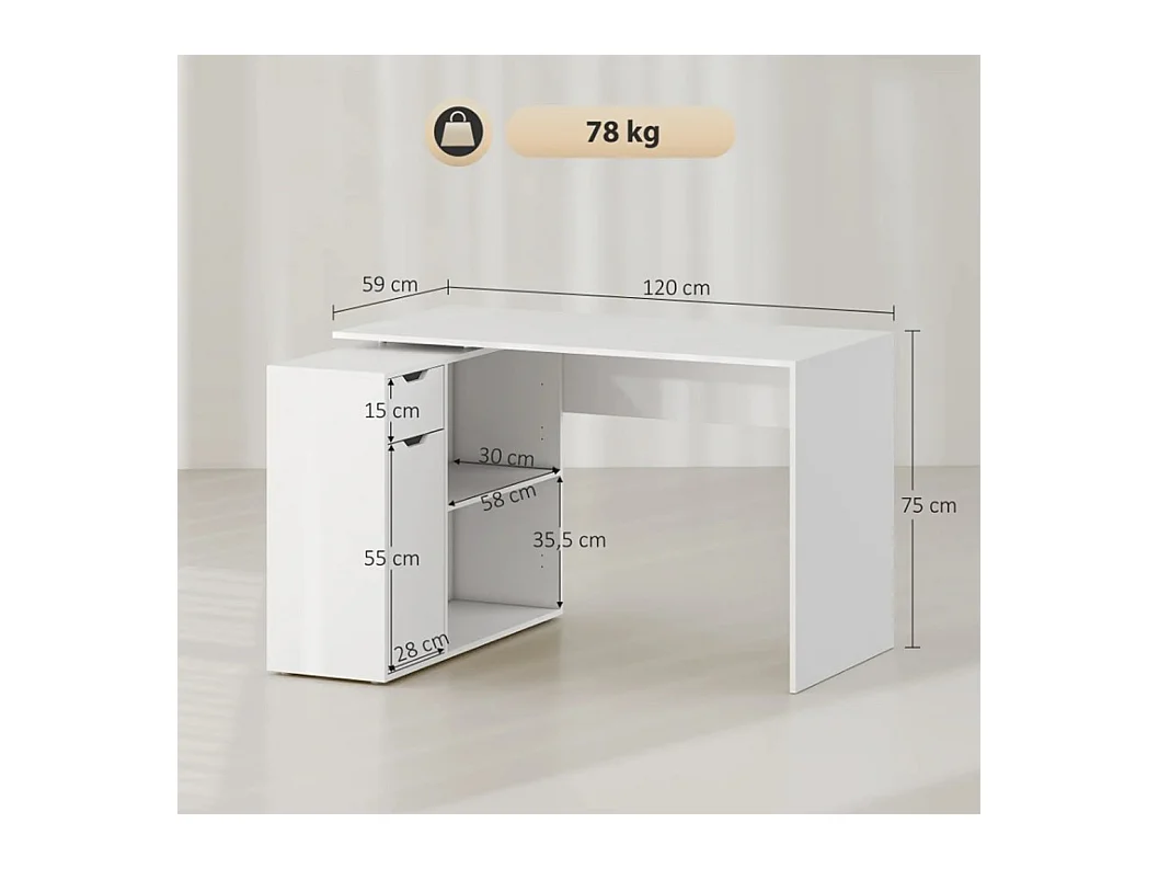 Flexibler Schreibtisch, Computertisch 2-stufiger Schrank, Schublade, Bürotisch offene Fächer, Holz, Weiß