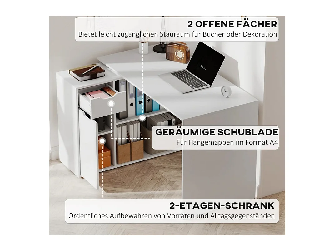 Flexibler Schreibtisch, Computertisch 2-stufiger Schrank, Schublade, Bürotisch offene Fächer, Holz, Weiß