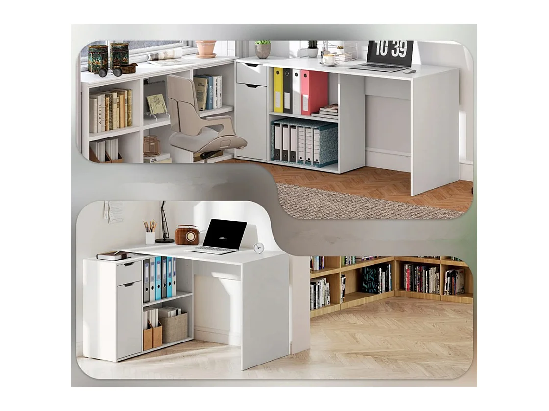 Flexibler Schreibtisch, Computertisch 2-stufiger Schrank, Schublade, Bürotisch offene Fächer, Holz, Weiß