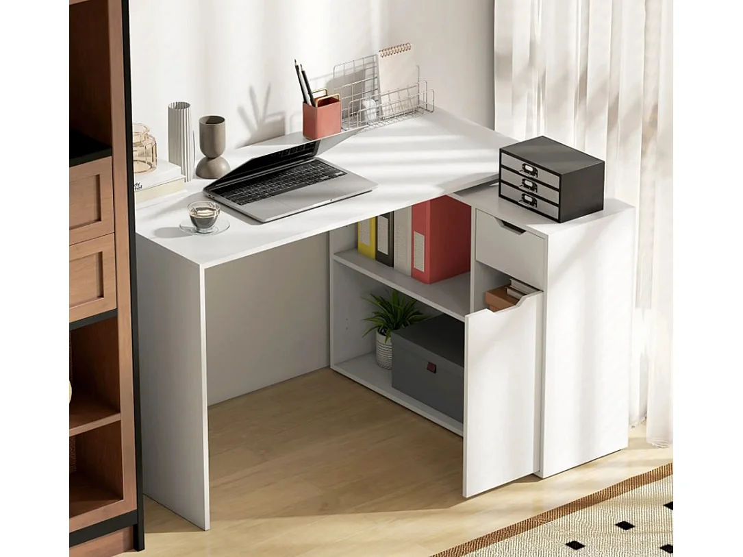 Flexibler Schreibtisch, Computertisch 2-stufiger Schrank, Schublade, Bürotisch offene Fächer, Holz, Weiß