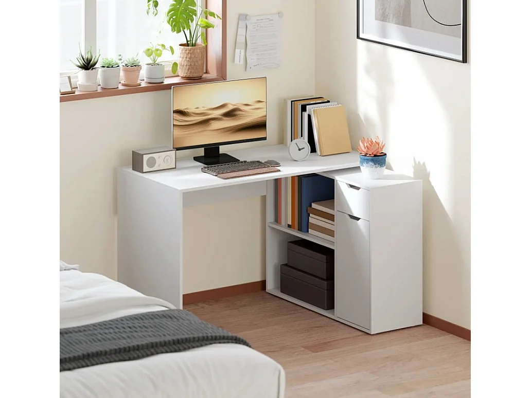 Flexibler Schreibtisch, Computertisch 2-stufiger Schrank, Schublade, Bürotisch offene Fächer, Holz, Weiß