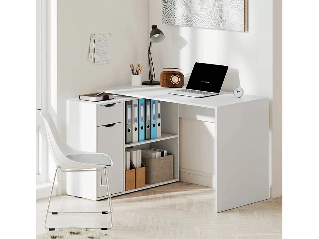 Flexibler Schreibtisch, Computertisch 2-stufiger Schrank, Schublade, Bürotisch offene Fächer, Holz, Weiß