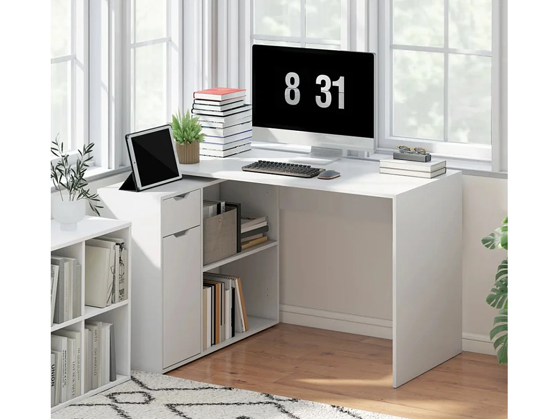 Flexibler Schreibtisch, Computertisch 2-stufiger Schrank, Schublade, Bürotisch offene Fächer, Holz, Weiß