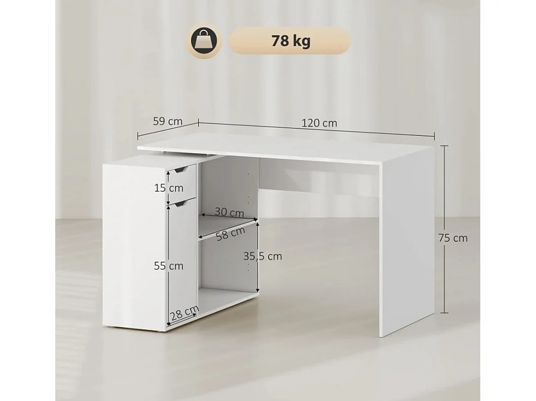 Flexibler Schreibtisch, Computertisch 2-stufiger Schrank, Schublade, Bürotisch offene Fächer, Holz, Weiß