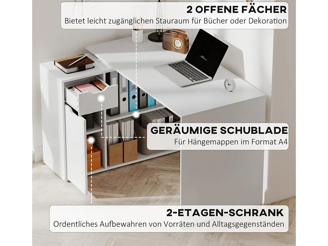 Flexibler Schreibtisch, Computertisch 2-stufiger Schrank, Schublade, Bürotisch offene Fächer, Holz, Weiß