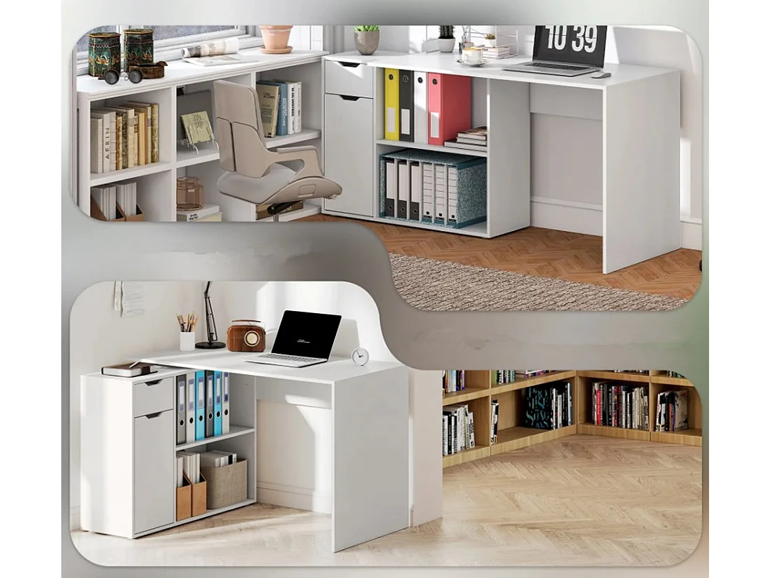 Flexibler Schreibtisch, Computertisch 2-stufiger Schrank, Schublade, Bürotisch offene Fächer, Holz, Weiß