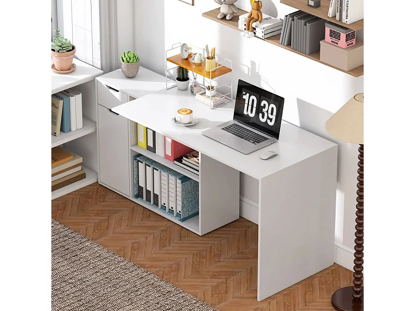 Flexibler Schreibtisch, Computertisch 2-stufiger Schrank, Schublade, Bürotisch offene Fächer, Holz, Weiß