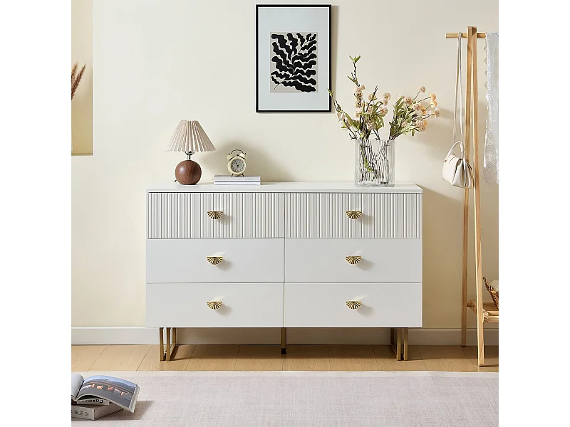 Modernes Sideboard mit 6 Schubladen in Weiß und Gold-Akzenten – Elegantes Design aus MDF und Stahl, Ideal für Schlafzimmer,Eingangsbereiche