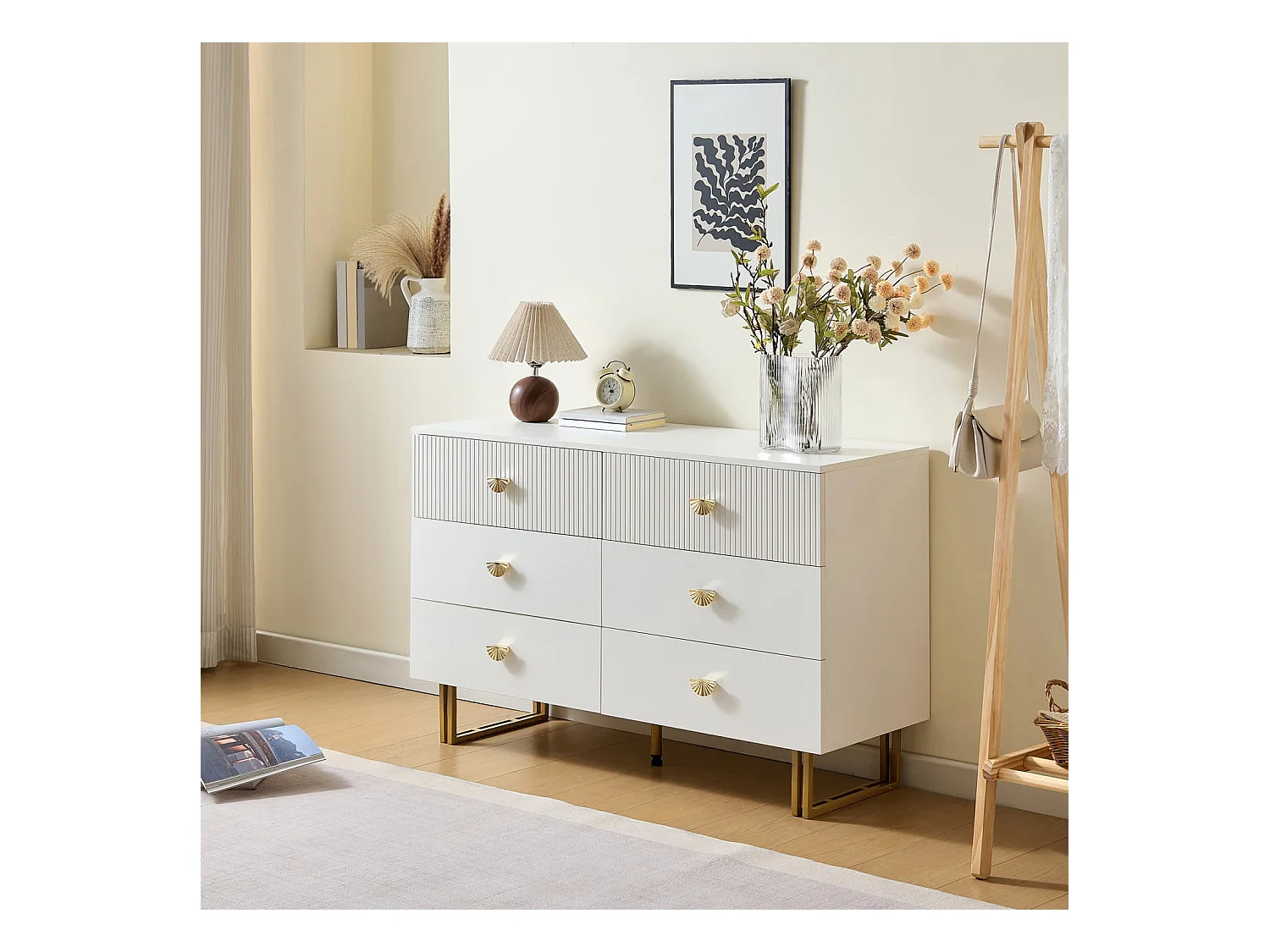 Modernes Sideboard mit 6 Schubladen in Weiß und Gold-Akzenten – Elegantes Design aus MDF und Stahl, Ideal für Schlafzimmer,Eingangsbereiche