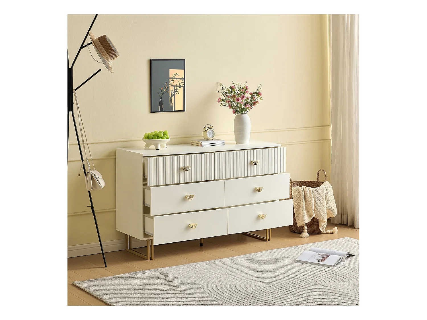 Modernes Sideboard mit 6 Schubladen in Weiß und Gold-Akzenten – Elegantes Design aus MDF und Stahl, Ideal für Schlafzimmer,Eingangsbereiche