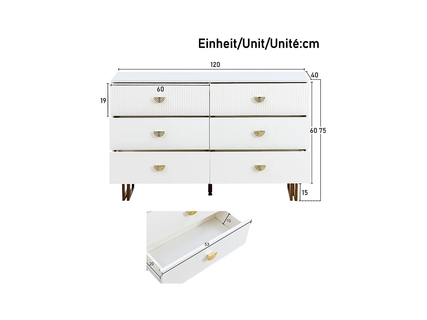 Modernes Sideboard mit 6 Schubladen in Weiß und Gold-Akzenten – Elegantes Design aus MDF und Stahl, Ideal für Schlafzimmer,Eingangsbereiche