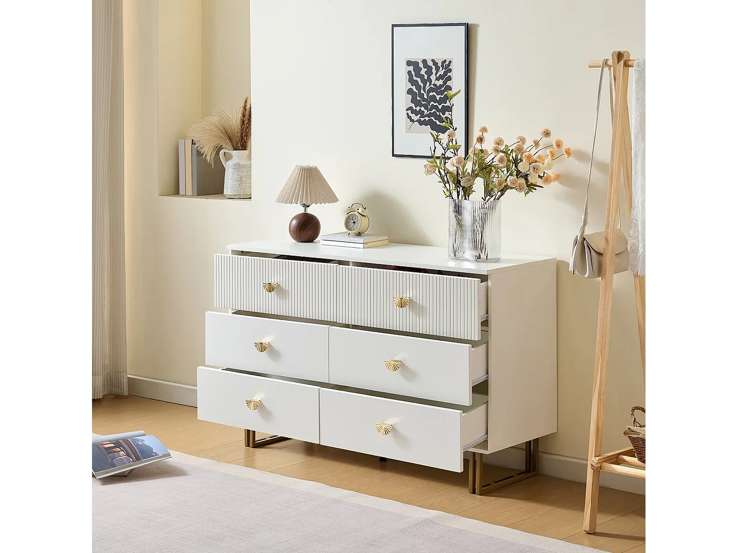 Modernes Sideboard mit 6 Schubladen in Weiß und Gold-Akzenten – Elegantes Design aus MDF und Stahl, Ideal für Schlafzimmer,Eingangsbereiche