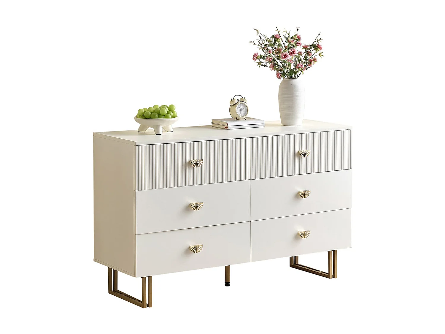 Modernes Sideboard mit 6 Schubladen in Weiß und Gold-Akzenten – Elegantes Design aus MDF und Stahl, Ideal für Schlafzimmer,Eingangsbereiche