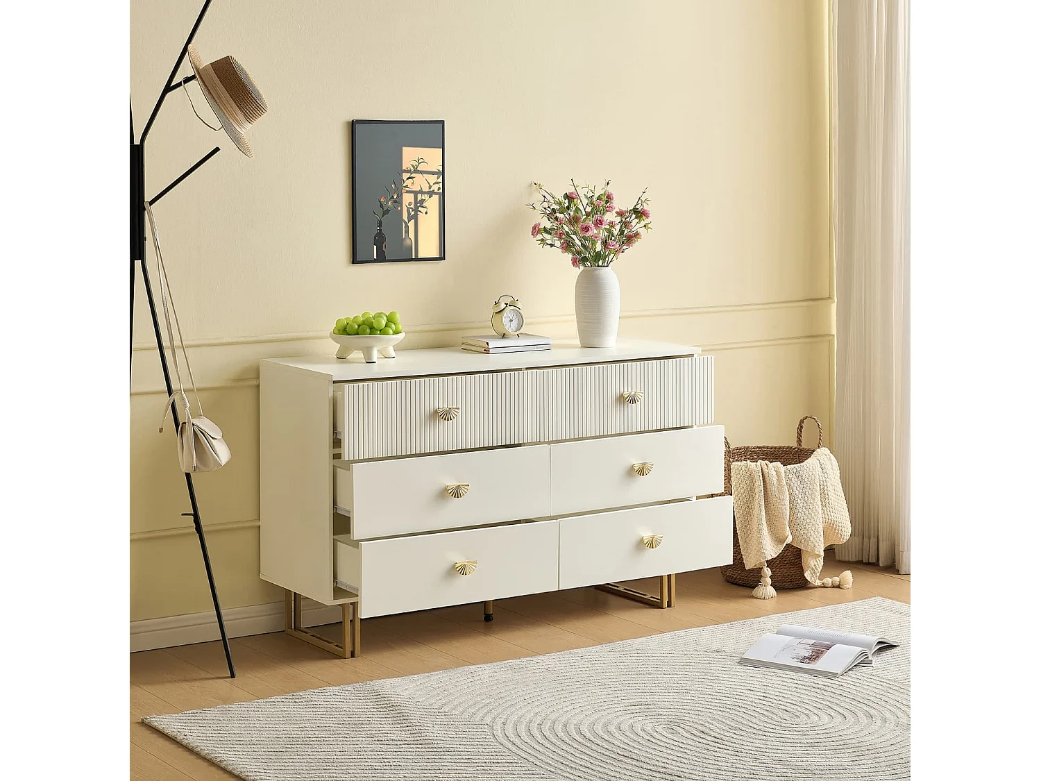Modernes Sideboard mit 6 Schubladen in Weiß und Gold-Akzenten – Elegantes Design aus MDF und Stahl, Ideal für Schlafzimmer,Eingangsbereiche