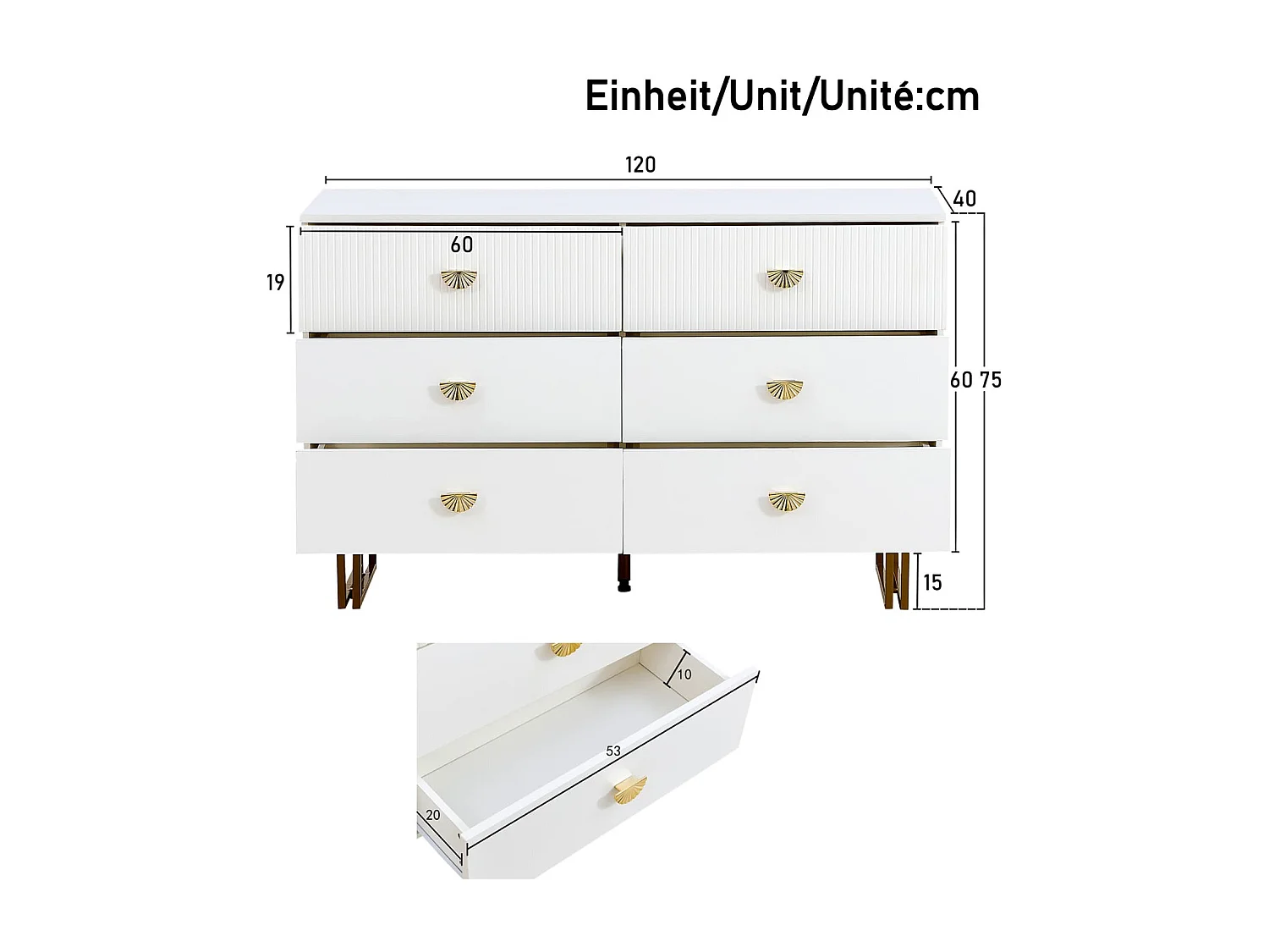 Modernes Sideboard mit 6 Schubladen in Weiß und Gold-Akzenten – Elegantes Design aus MDF und Stahl, Ideal für Schlafzimmer,Eingangsbereiche