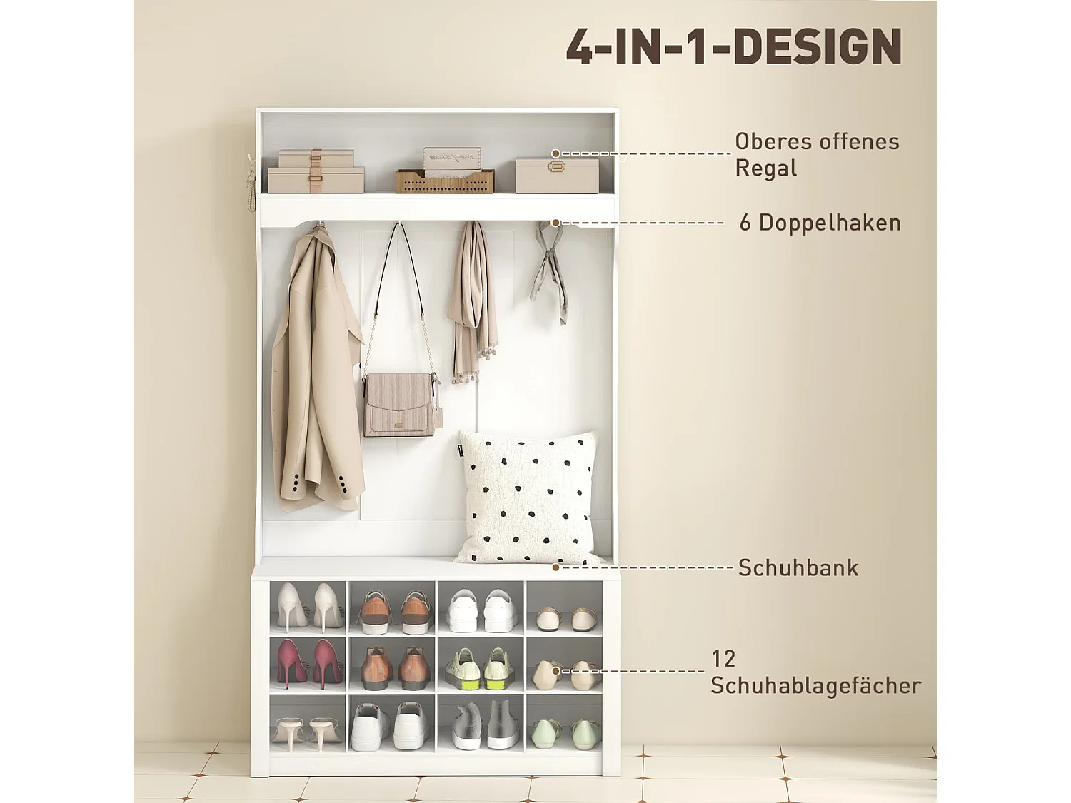 Garderobe mit Regal, Bank, Haken, Schuhfächern, Spanplatten, MDF, Weiß