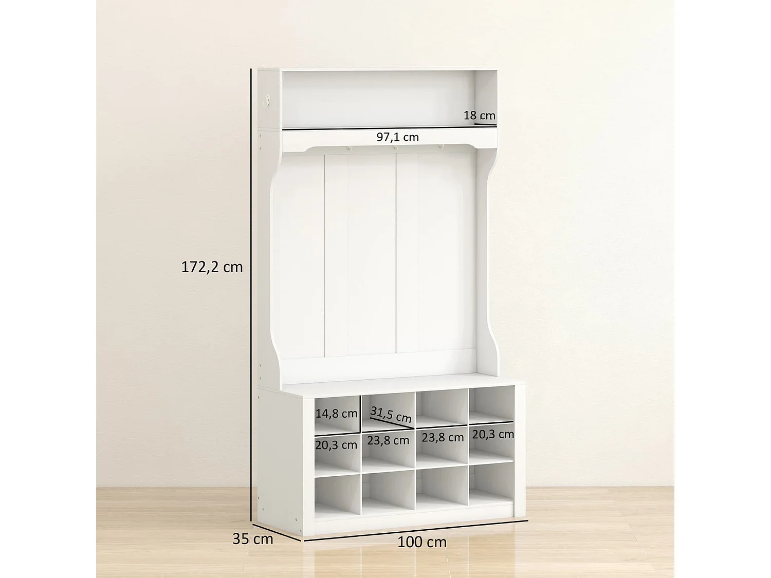 Garderobe mit Regal, Bank, Haken, Schuhfächern, Spanplatten, MDF, Weiß