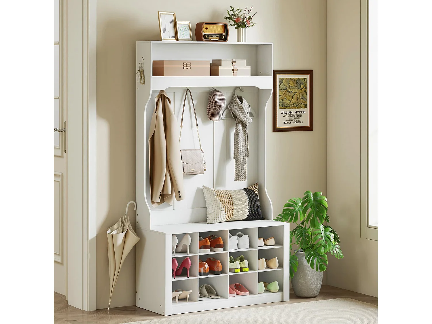 Garderobe mit Regal, Bank, Haken, Schuhfächern, Spanplatten, MDF, Weiß