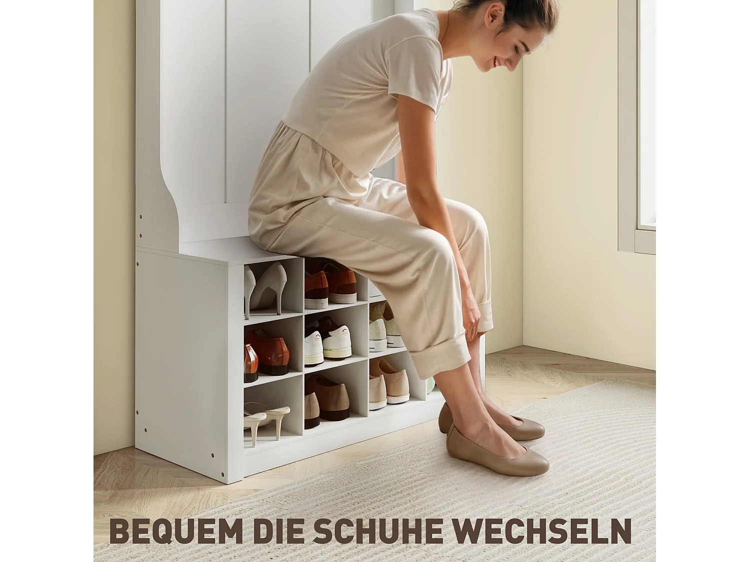 Garderobe mit Regal, Bank, Haken, Schuhfächern, Spanplatten, MDF, Weiß