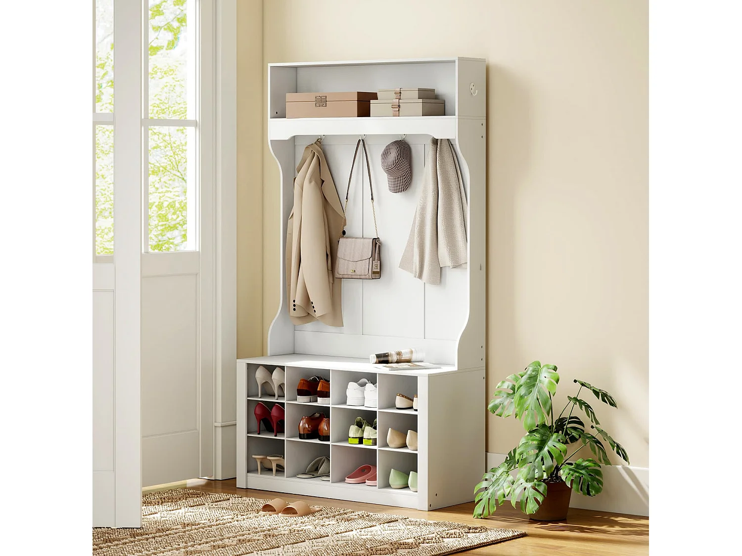 Garderobe mit Regal, Bank, Haken, Schuhfächern, Spanplatten, MDF, Weiß