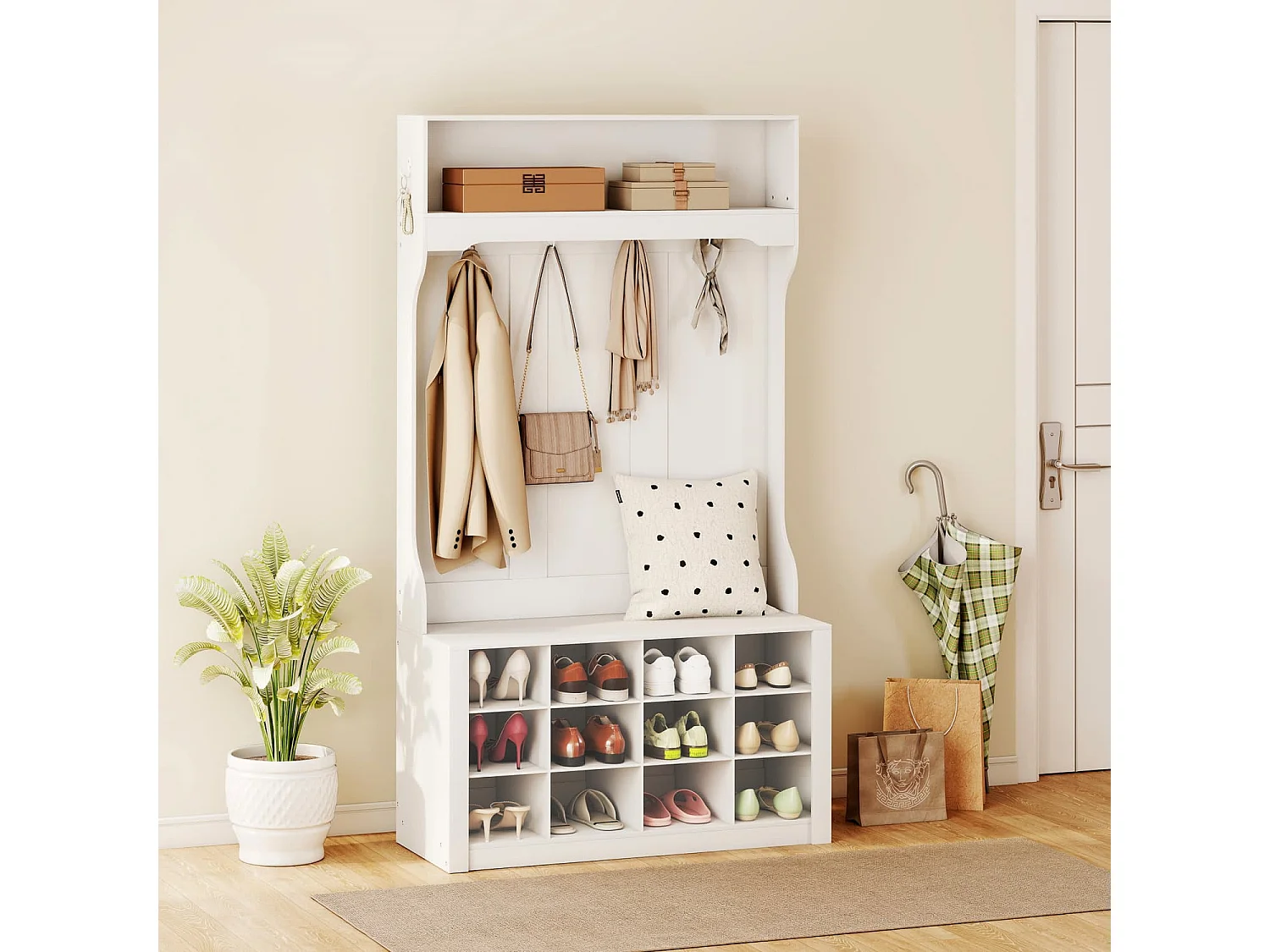 Garderobe mit Regal, Bank, Haken, Schuhfächern, Spanplatten, MDF, Weiß