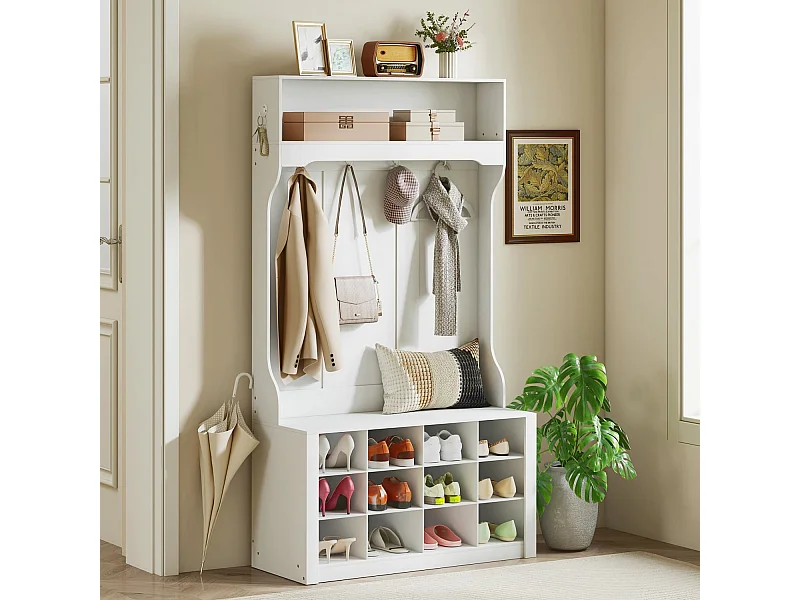 Garderobe mit Regal, Bank, Haken, Schuhfächern, Spanplatten, MDF, Weiß