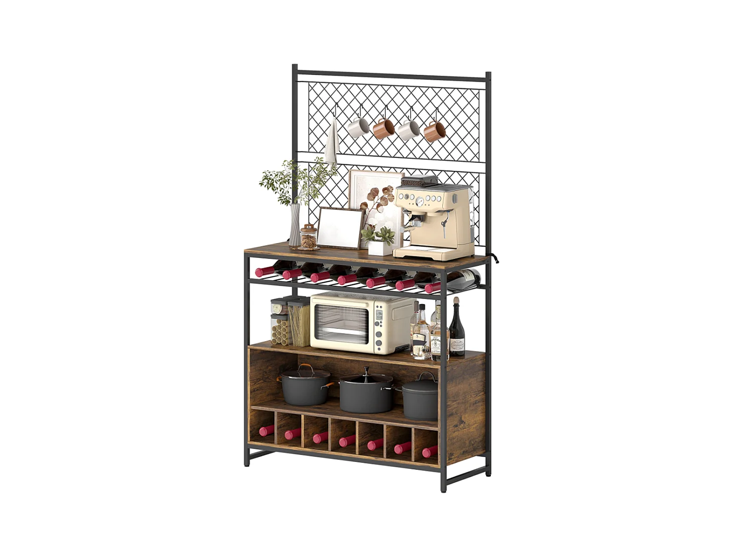 Küchenregal mit Arbeitsfläche, Metallgitterpaneele, 5 Haken, Küchenschrank für Gewürze, Töpfe, Pfannen