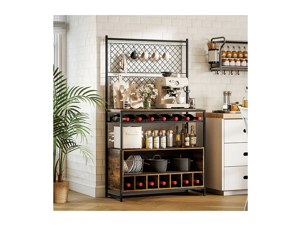 Küchenregal mit Arbeitsfläche, Metallgitterpaneele, 5 Haken, Küchenschrank für Gewürze, Töpfe, Pfannen