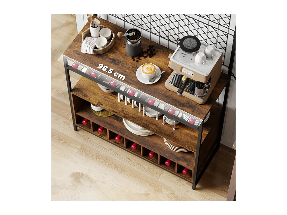 Küchenregal mit Arbeitsfläche, Metallgitterpaneele, 5 Haken, Küchenschrank für Gewürze, Töpfe, Pfannen