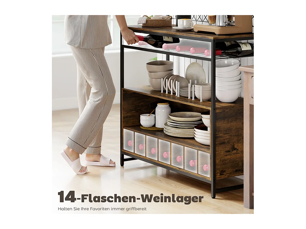 Küchenregal mit Arbeitsfläche, Metallgitterpaneele, 5 Haken, Küchenschrank für Gewürze, Töpfe, Pfannen