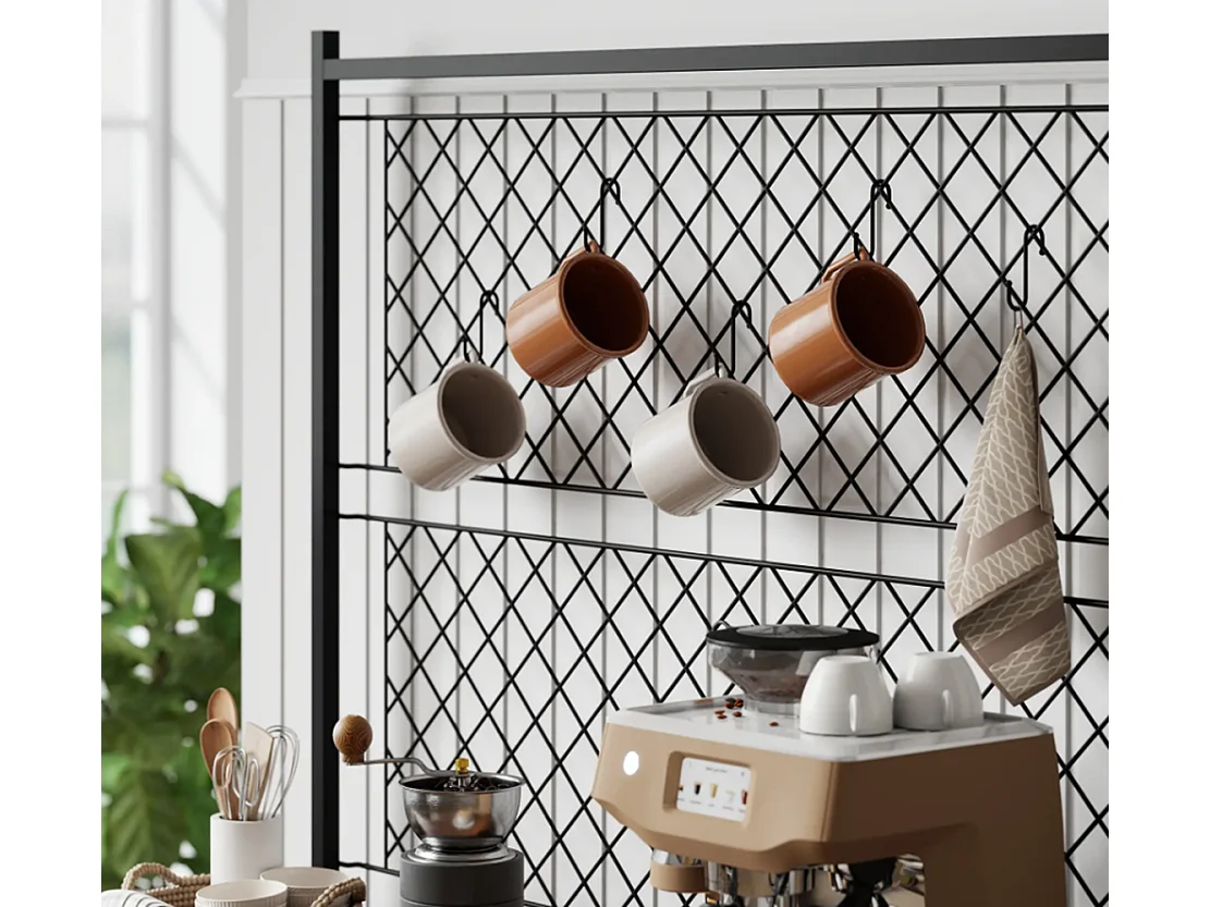 Küchenregal mit Arbeitsfläche, Metallgitterpaneele, 5 Haken, Küchenschrank für Gewürze, Töpfe, Pfannen