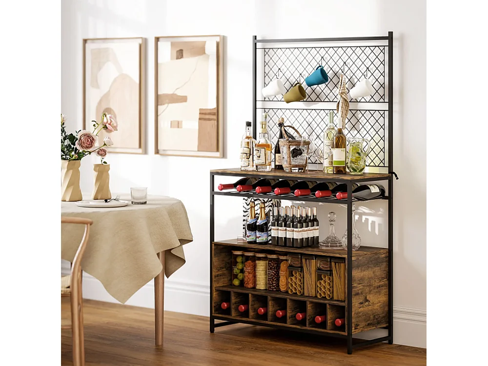 Küchenregal mit Arbeitsfläche, Metallgitterpaneele, 5 Haken, Küchenschrank für Gewürze, Töpfe, Pfannen