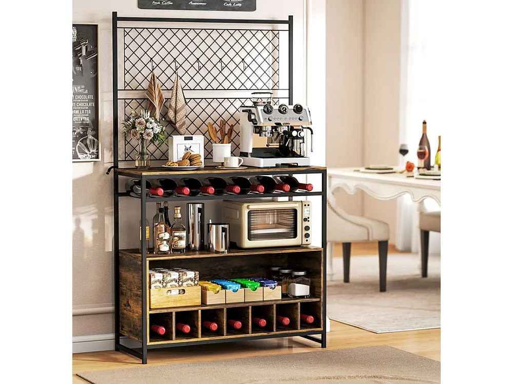 Küchenregal mit Arbeitsfläche, Metallgitterpaneele, 5 Haken, Küchenschrank für Gewürze, Töpfe, Pfannen